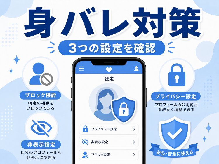 ヤリモクアプリで身バレを防ぐための設定ポイントを示すイラスト