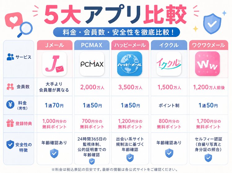 ヤリモクアプリ5社の料金・会員数・安全性を比較するイメージ図