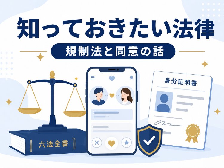 ヤリモクアプリを使う前に知っておきたい法律のポイントを示すイラスト
