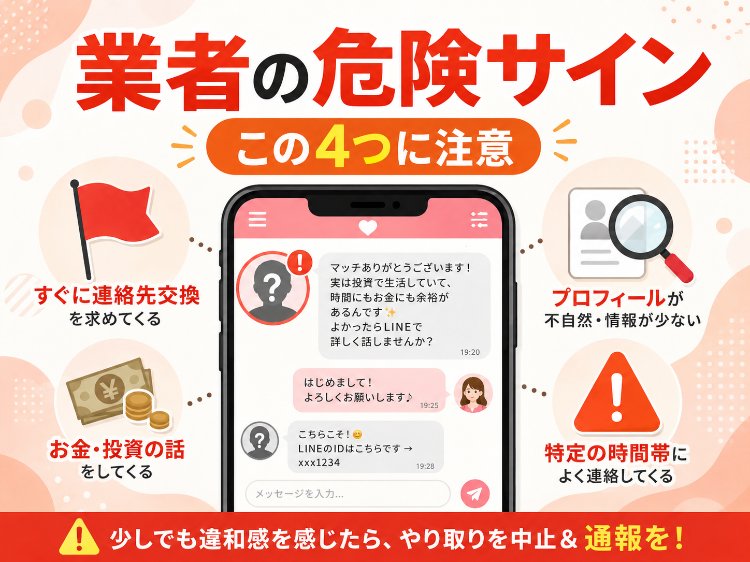 ヤリモクアプリで業者やサクラを見分けるための注意サインを示すイラスト