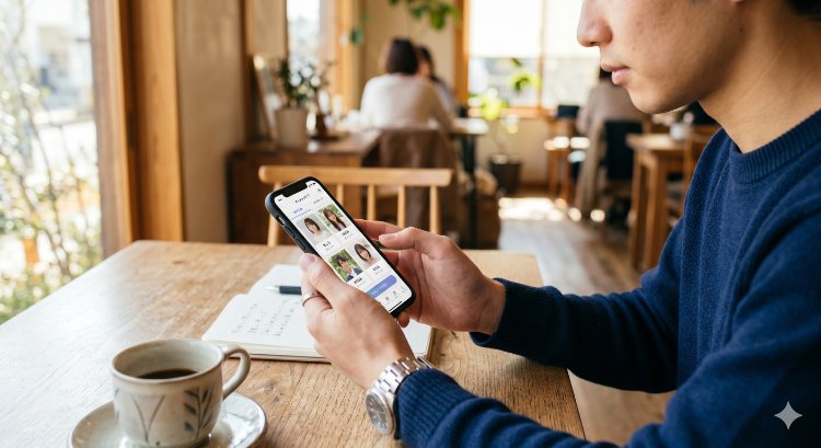 スマートフォンでマッチングアプリを操作する男性